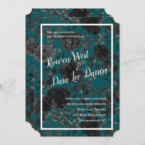 Black Teal Rose Gothic Elegant Wedding Invitation