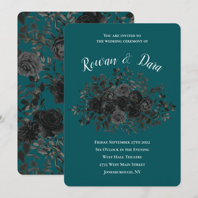 Black Teal Rose Gothic Elegant Wedding Invitation (Front/Back)