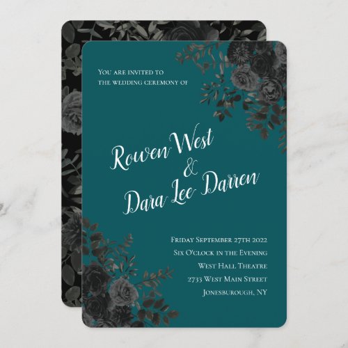 Black Teal Rose Gothic Elegant Wedding Invitation