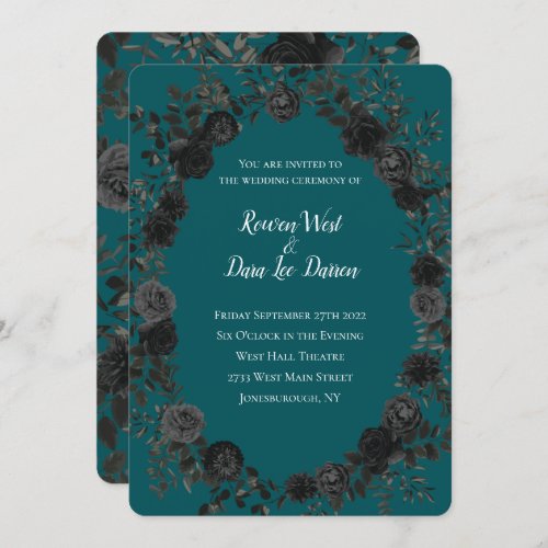 Black Teal Rose Gothic Elegant Wedding Invitation