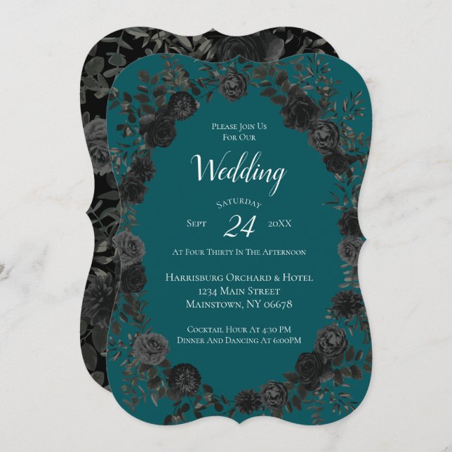 Black Teal Rose Gothic Elegant Wedding Invitation (Front/Back)