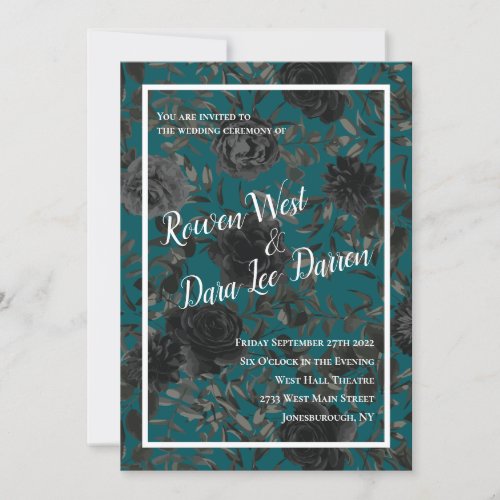 Black Teal Rose Gothic Elegant Wedding Invitation