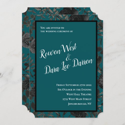 Black Teal Rose Gothic Elegant Wedding Invitation