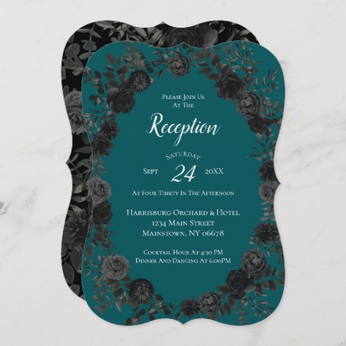 Black Teal Rose Gothic Elegant Wedding Invitation