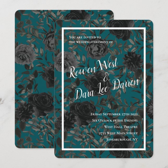 Black Teal Rose Gothic Elegant Wedding Invitation (Front/Back)