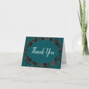 Black Teal Rose Gothic Elegant Wedding Letterpress Thank You Card