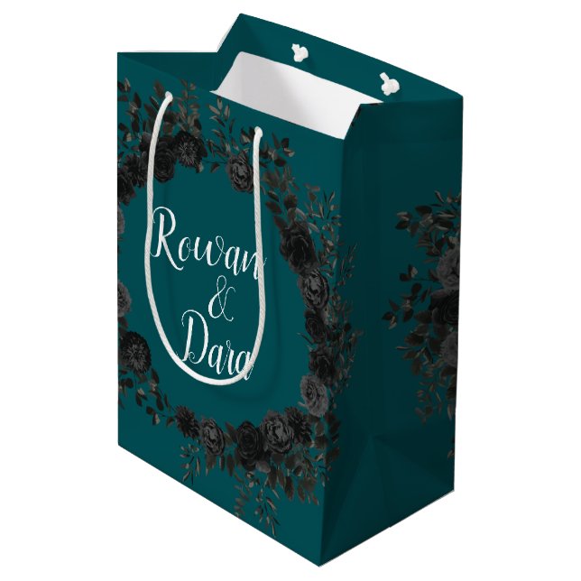 Black Teal Rose Gothic Elegant Wedding Medium Gift Bag (Back Angled)