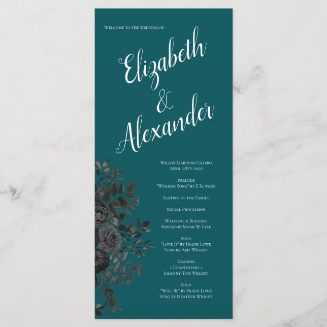 Black Teal Rose Gothic Elegant Wedding Menu (Front)