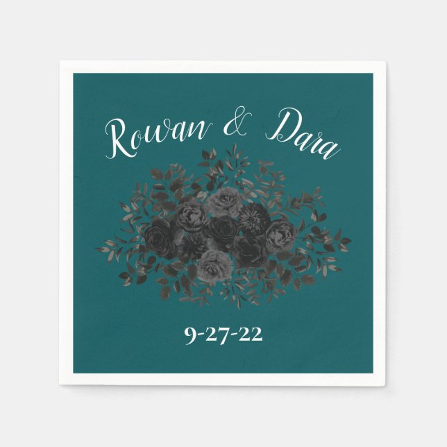 Black Teal Rose Gothic Elegant Wedding Napkins (Front)