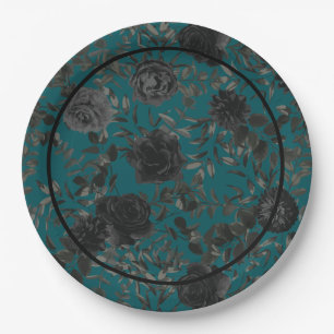 Black Teal Rose Gothic Elegant Wedding Paper Plates