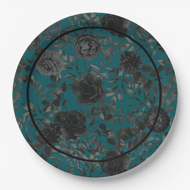 Black Teal Rose Gothic Elegant Wedding Paper Plates (Front)