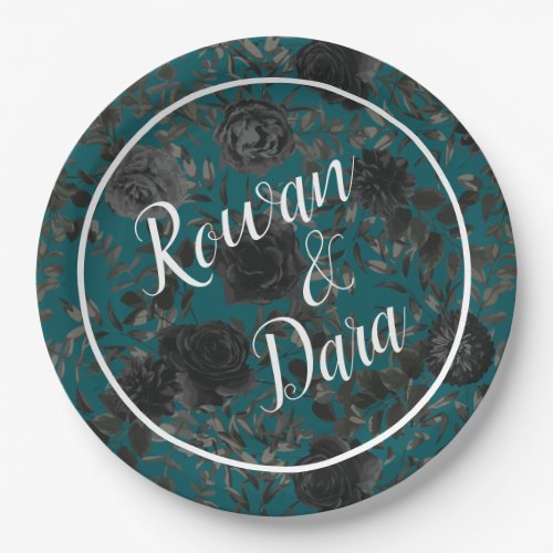 Black Teal Rose Gothic Elegant Wedding Paper Plates