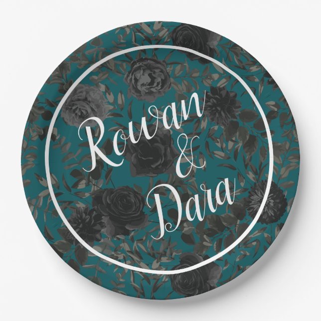Black Teal Rose Gothic Elegant Wedding Paper Plates (Front)