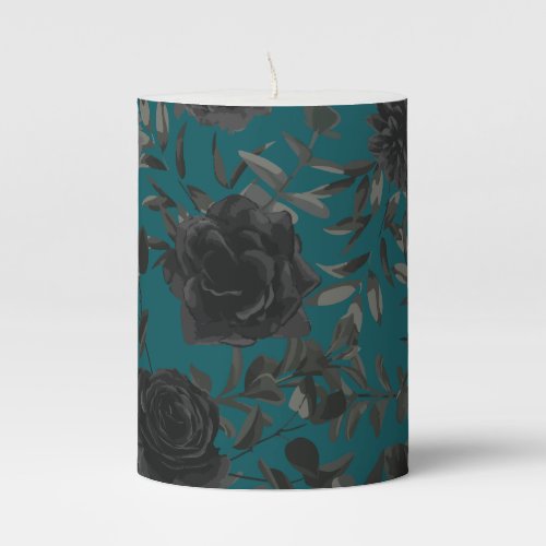 Black Teal Rose Gothic Elegant Wedding Pillar Candle