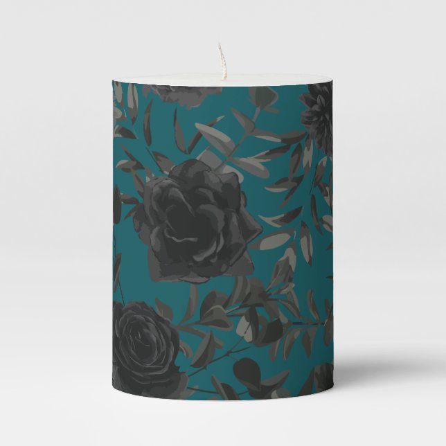 Black Teal Rose Gothic Elegant Wedding Pillar Candle (Front)
