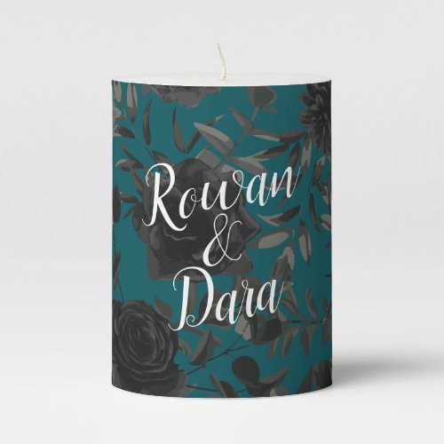 Black Teal Rose Gothic Elegant Wedding Pillar Candle