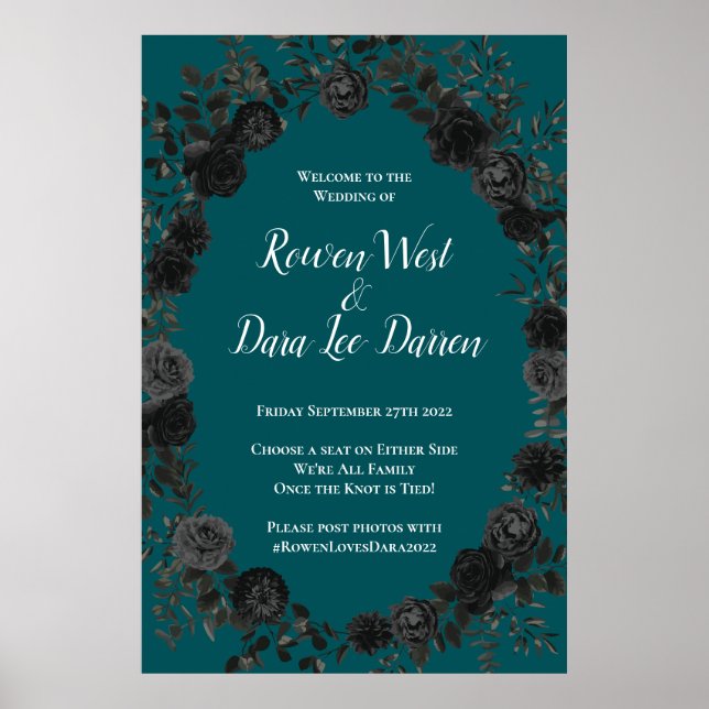 Black Teal Rose Gothic Elegant Wedding Poster (Front)