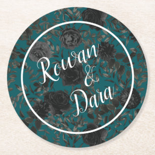 Black Teal Rose Gothic Elegant Wedding Round Paper Coaster