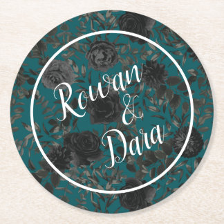 Black Teal Rose Gothic Elegant Wedding Round Paper Coaster