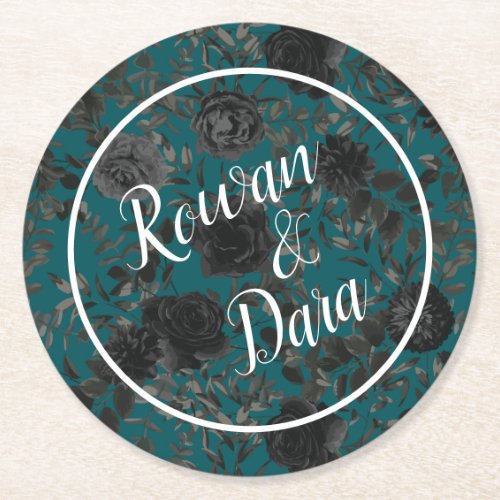 Black Teal Rose Gothic Elegant Wedding Round Paper Coaster