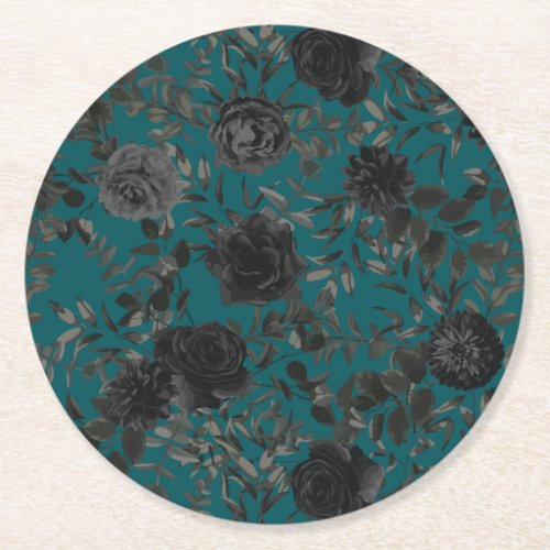 Black Teal Rose Gothic Elegant Wedding Round Paper Coaster