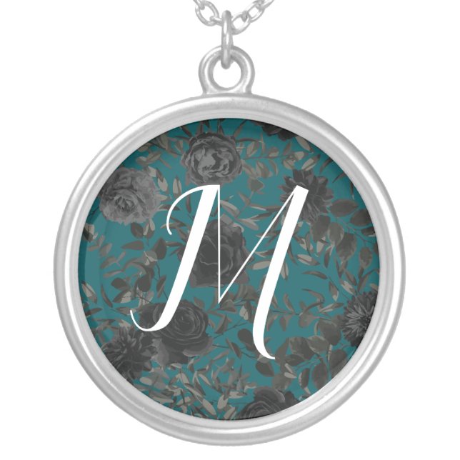 Black Teal Rose Gothic Elegant Wedding Silver Plated Necklace (Front)