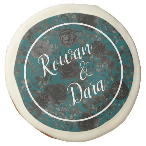 Black Teal Rose Gothic Elegant Wedding Sugar Cookie