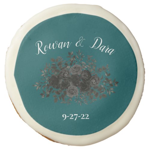 Black Teal Rose Gothic Elegant Wedding Sugar Cookie