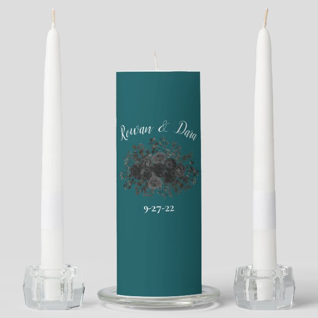 Black Teal Rose Gothic Elegant Wedding Unity Candle Set (Front)