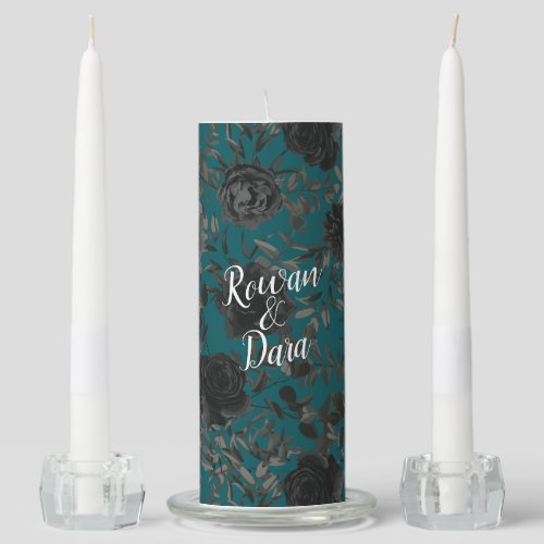 Black Teal Rose Gothic Elegant Wedding Unity Candle Set