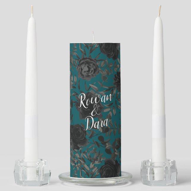 Black Teal Rose Gothic Elegant Wedding Unity Candle Set (Front)