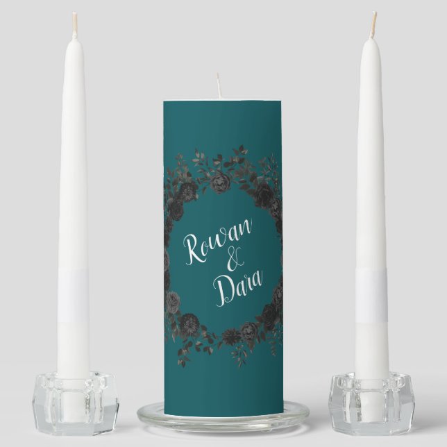 Black Teal Rose Gothic Elegant Wedding Unity Candle Set (Front)