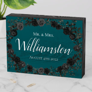 Black Teal Rose Gothic Elegant Wedding Wooden Box Sign