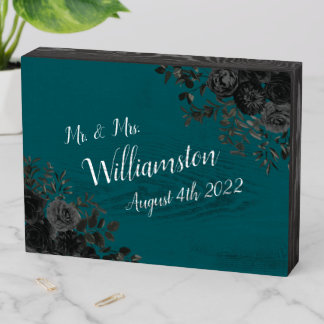 Black Teal Rose Gothic Elegant Wedding Wooden Box Sign
