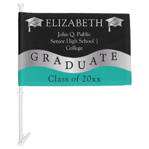 Black Teal Silver Grad Cap Graduate Class 2023 Car Flag