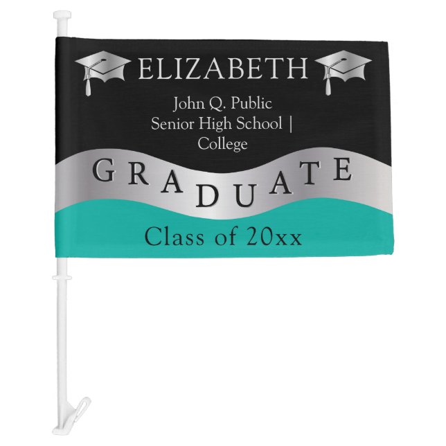 Black Teal Silver Grad Cap Graduate Class 2023 Car Flag (Front)