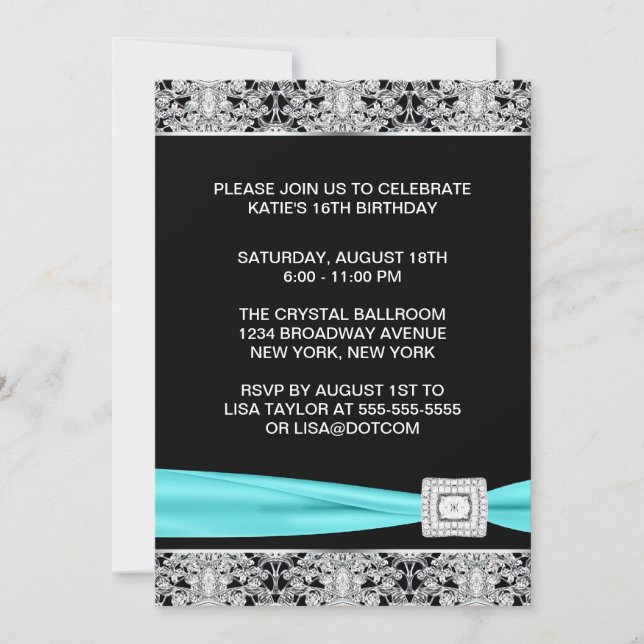 Black Teal Silver Lace Elegant Sweet Sixteen Party Invitation (Front)