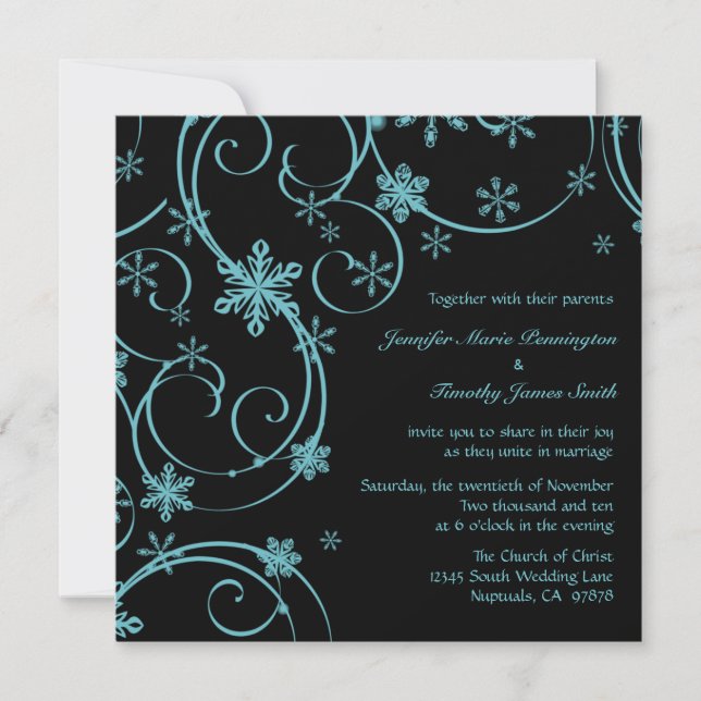 Black teal snowflakes winter wedding invitation (Front)