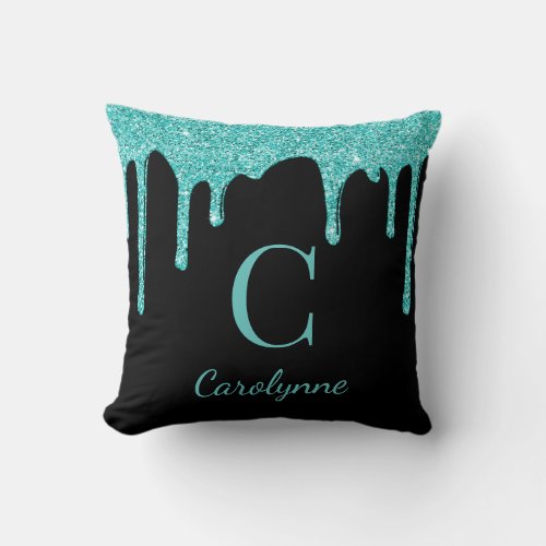 Black Teal Sparkle Glitter Drips Monogram Throw Pillow