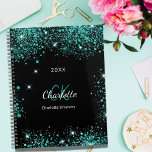 Black teal sparkles green monogram initials 2025 planner<br><div class="desc">Black background,  white text. Decorated with teal,  sea green sparkles. Personalize and add your monogram initials,  name and year.</div>