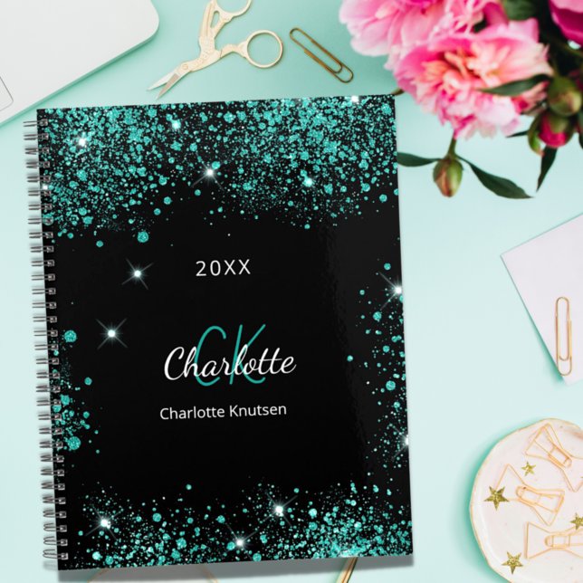 Black teal sparkles green monogram initials 2025 planner (Creator Uploaded)