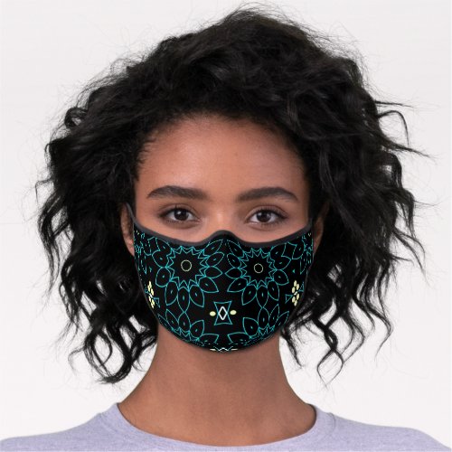 Black  Teal Stylish Floral Geometric Pattern Premium Face Mask