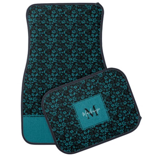 Black Teal Tropical Floral Pattern Monogram Car Floor Mat