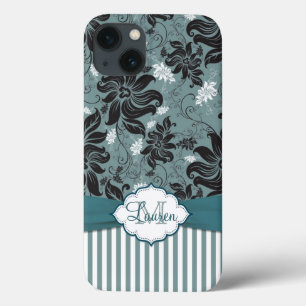 Black, teal, white floral Monogram iPhone 13 Case