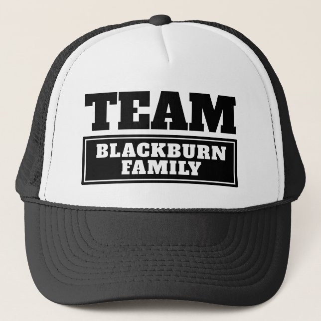 Black team personalized team name or family name trucker hat (Front)