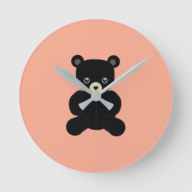 Black Teddy Bear Round Clock (Front)