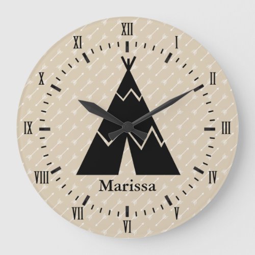 Black Tee Pee White Arrows Roman Numerals Name Large Clock