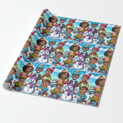 Black teens snowman wrapping paper 