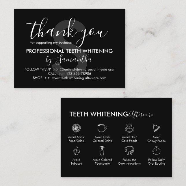 Black Teeth Whitening Aftercare Tips Thank You Business Card (Front/Back)