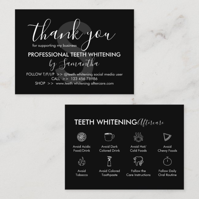 Black Teeth Whitening Aftercare Tips Thank You Business Card